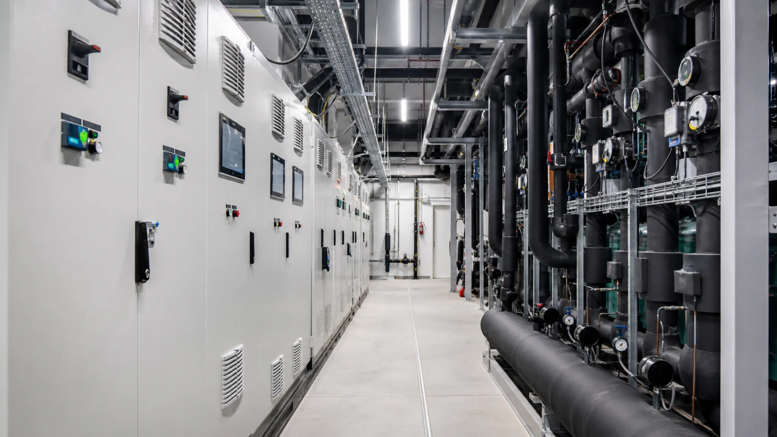 Sala de control frigorífico con cuadros, sensores y tuberías aisladas