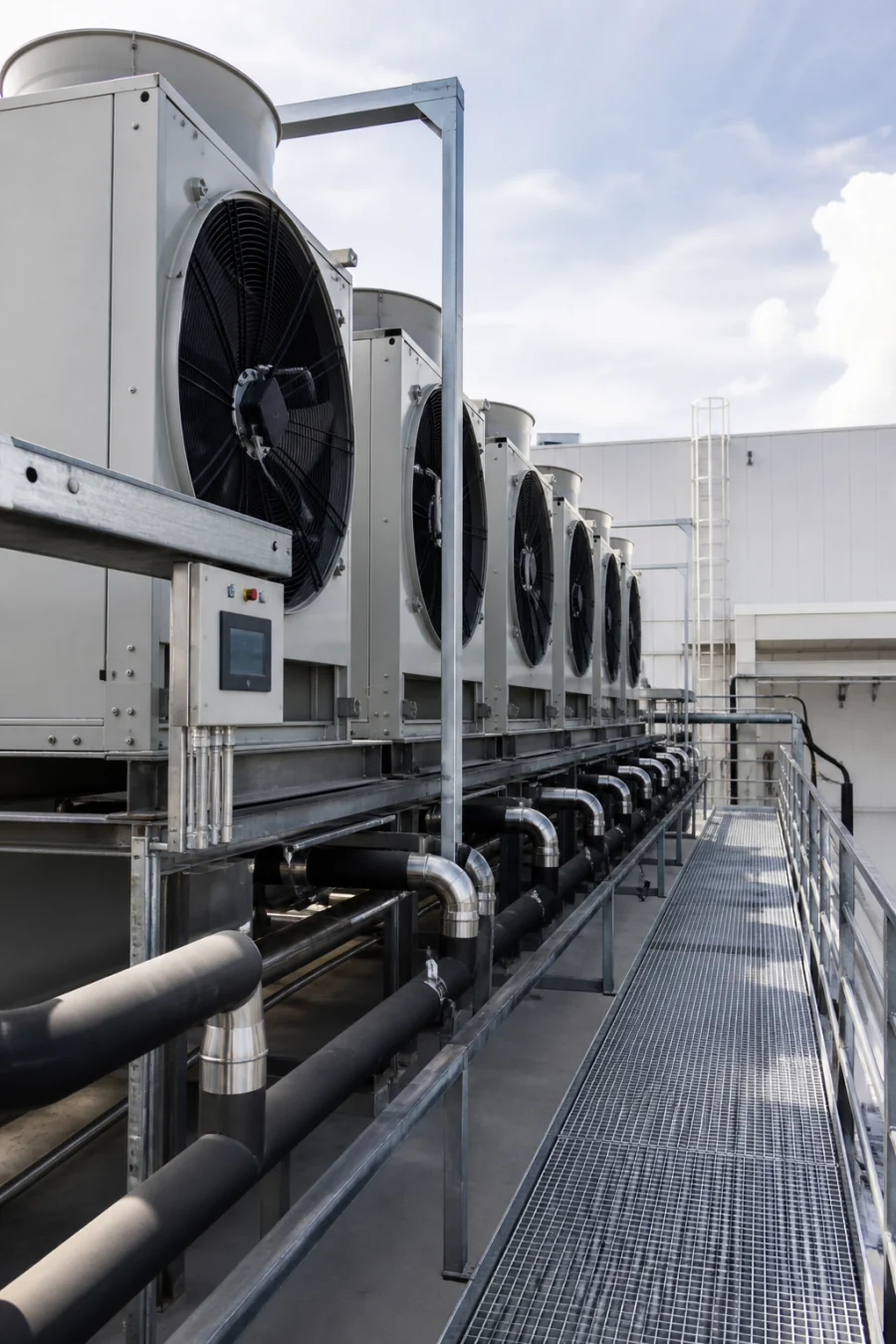 Condensadores de refrigeración industrial modernos con pasarela de mantenimiento