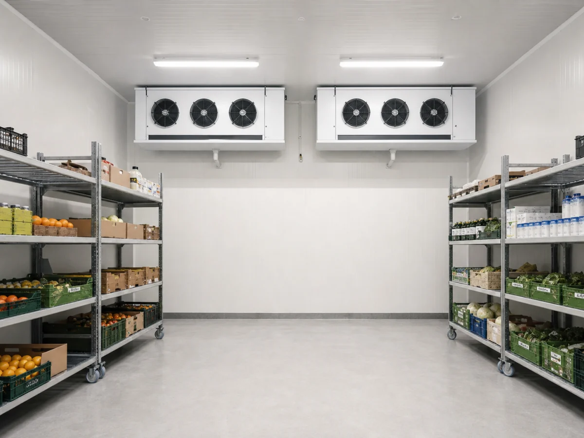 Cámara frigorífica mediana con dos evaporadores de tres ventiladores visibles