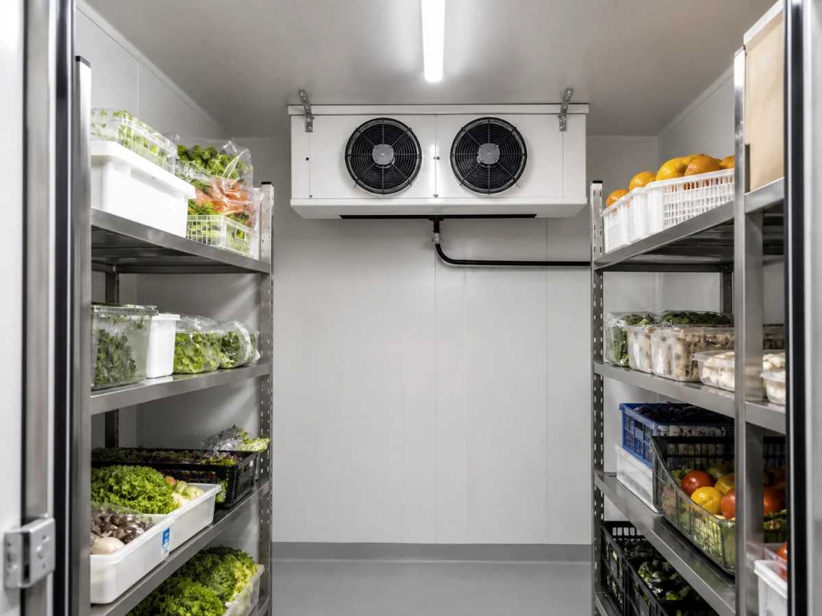 Cámara frigorífica pequeña con evaporador de dos ventiladores visible