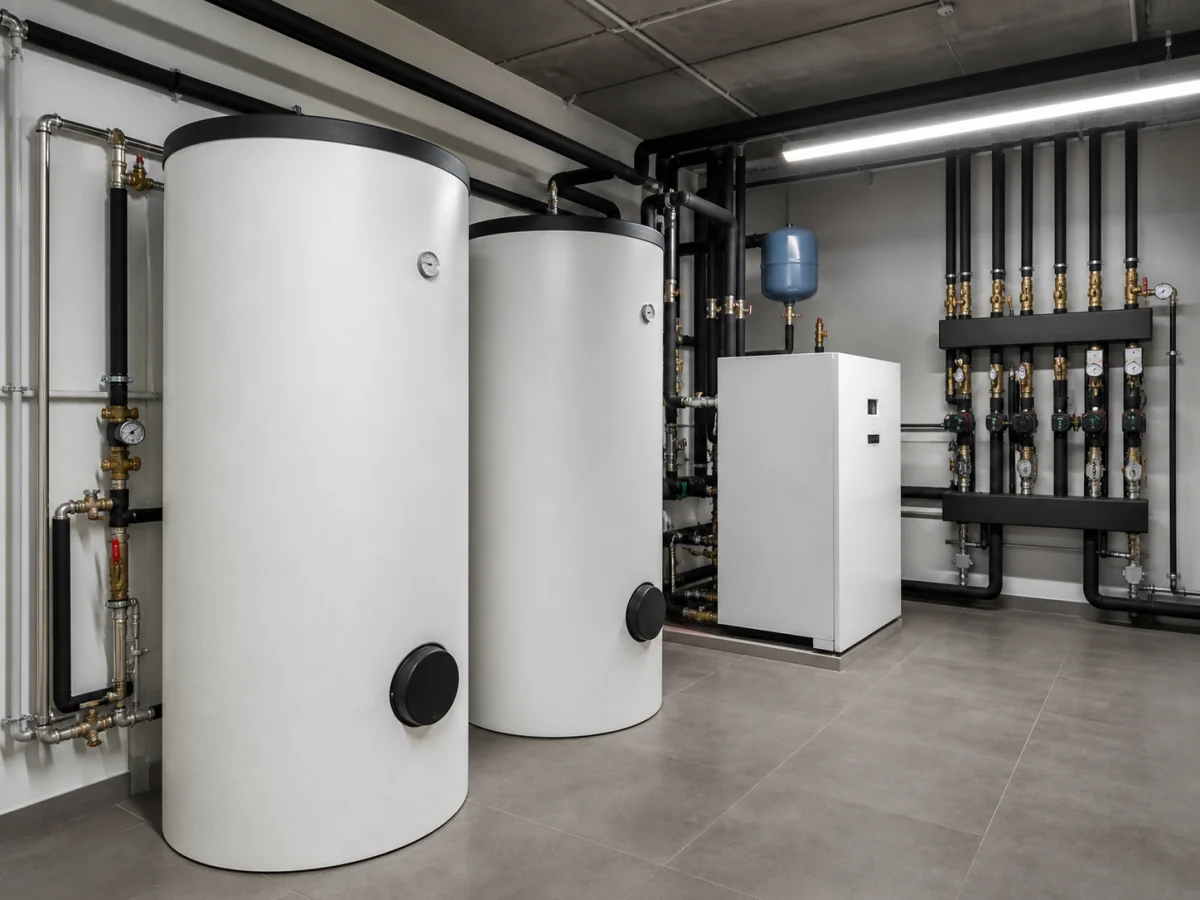 Sala técnica de alojamiento con aerotermia y acumuladores de agua caliente