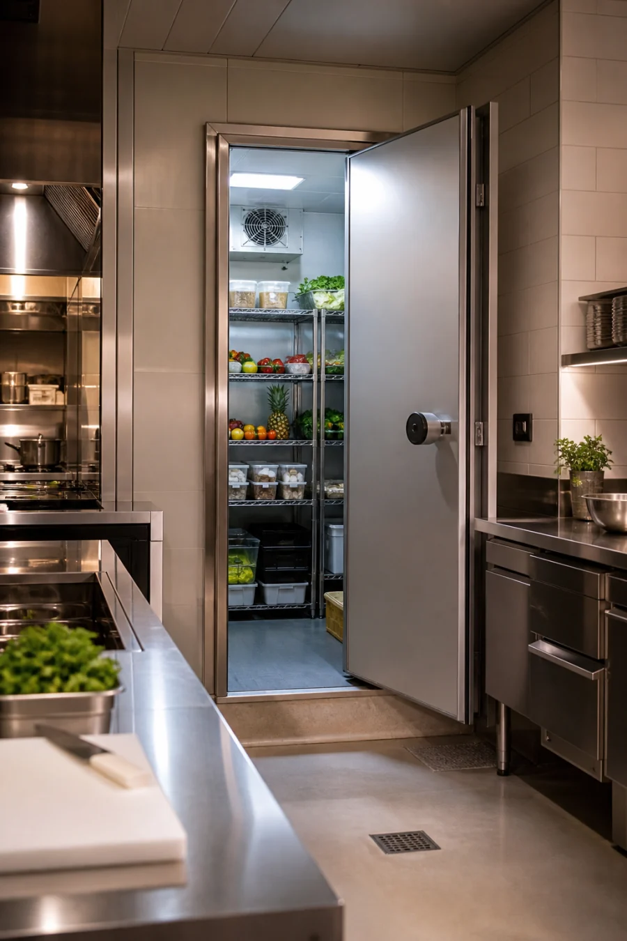 Cámara frigorífica integrada en una cocina profesional de hostelería