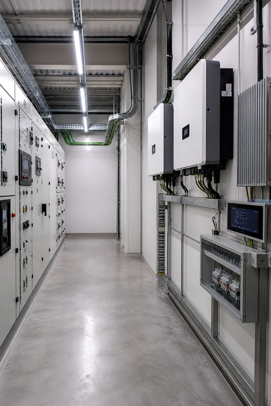 Sala energética industrial con cuadros eléctricos, inversores y monitorización