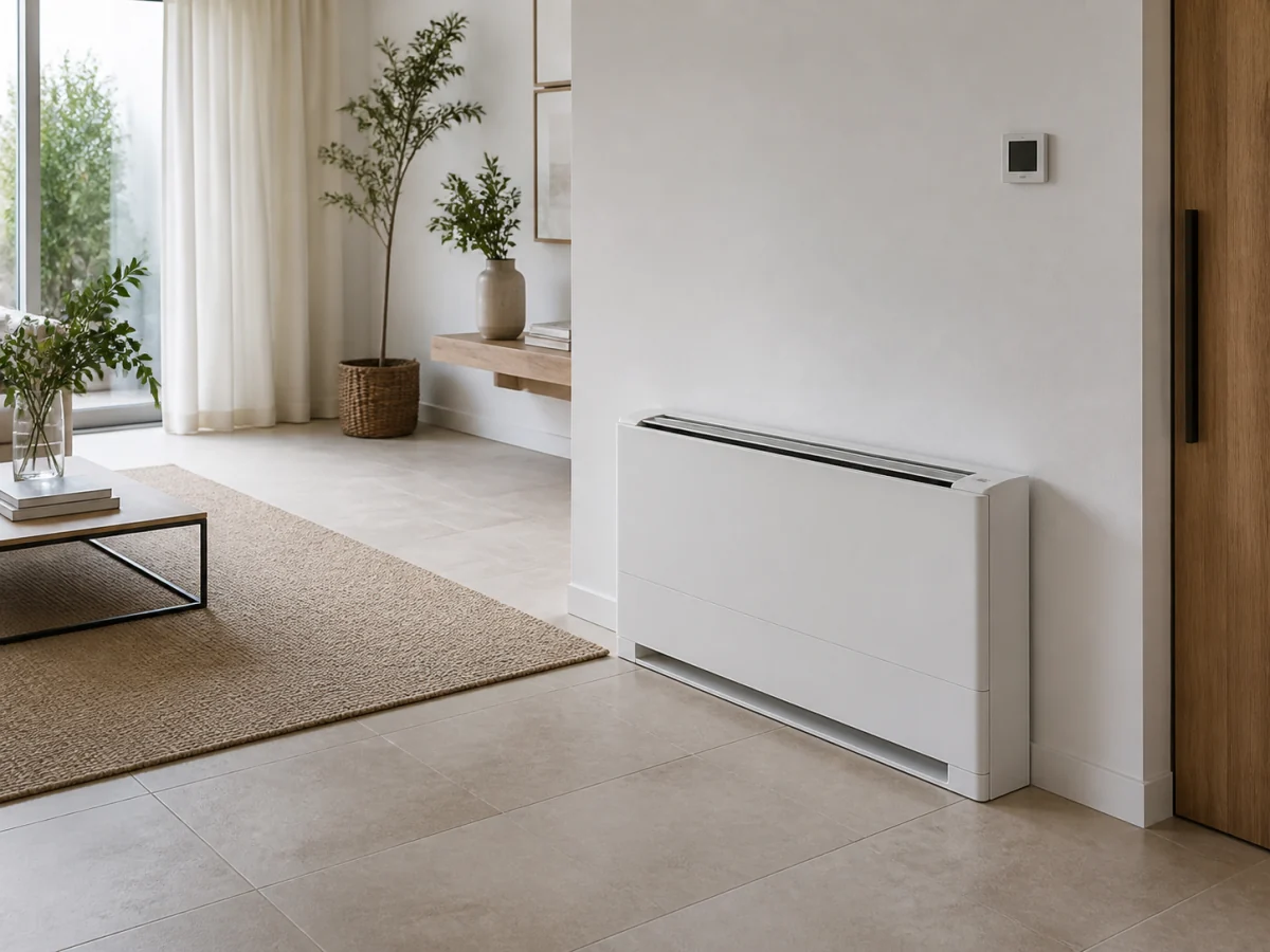 Fan coil hidráulico moderno de baja pared integrado en un salón contemporáneo