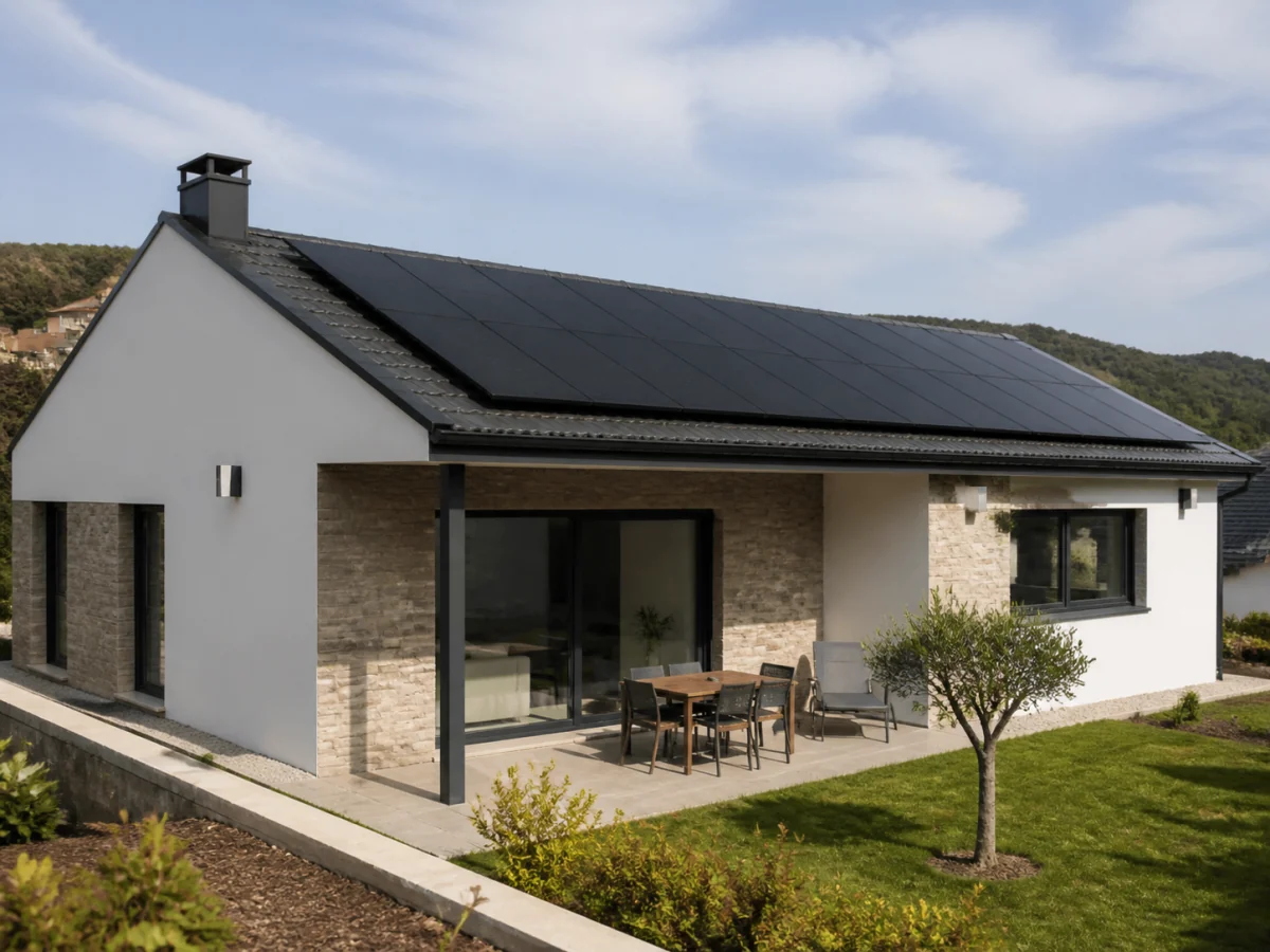 Vivienda unifamiliar moderna con paneles fotovoltaicos integrados en la cubierta