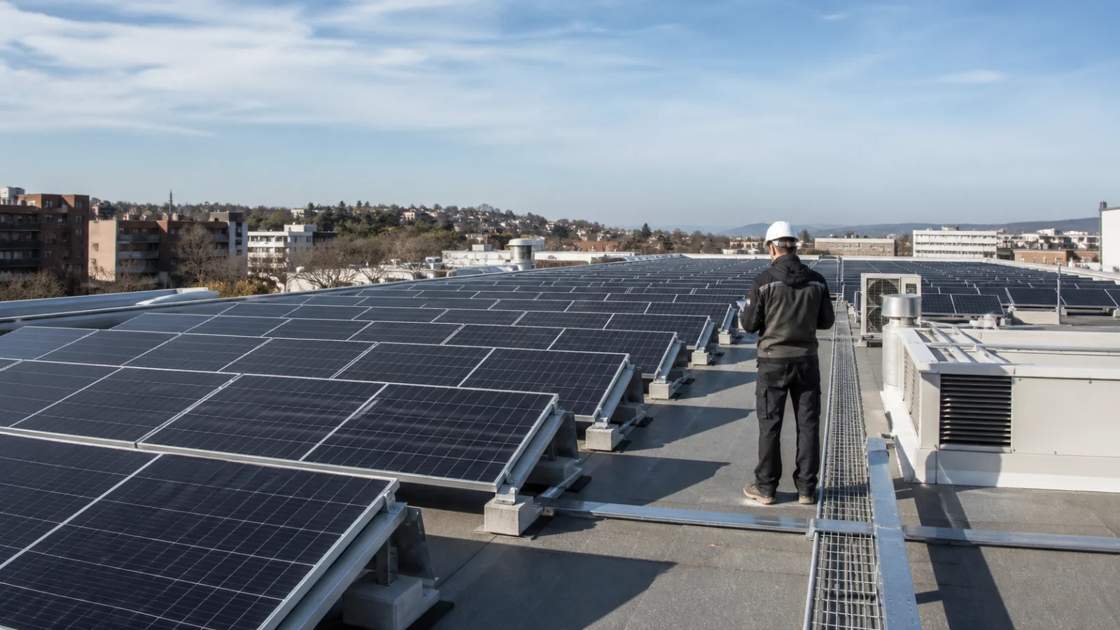 Técnico inspeccionando una instalación fotovoltaica sobre una cubierta comercial