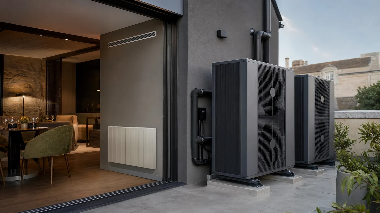 Bomba de calor, radiador y climatización integrados en una vivienda moderna