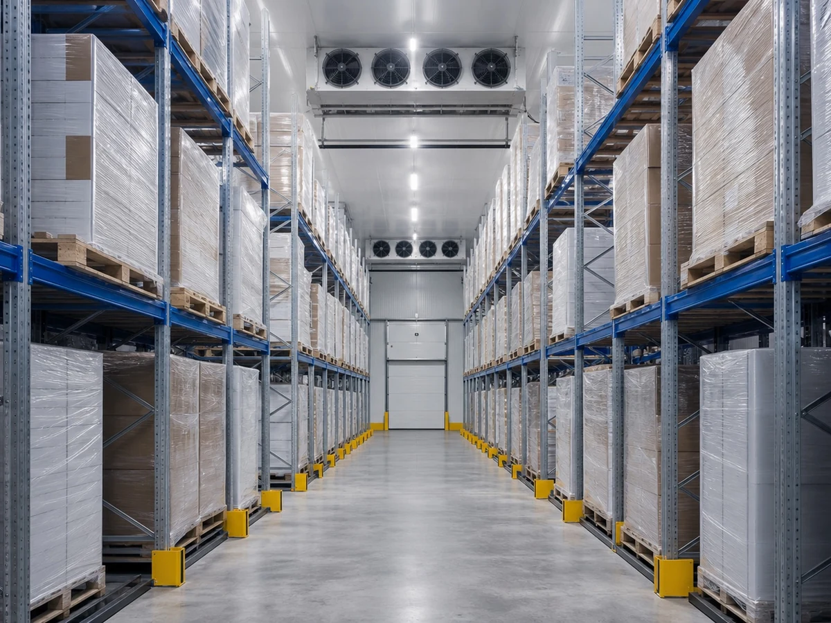 Gran cámara frigorífica logística con cuatro ventiladores de evaporación visibles