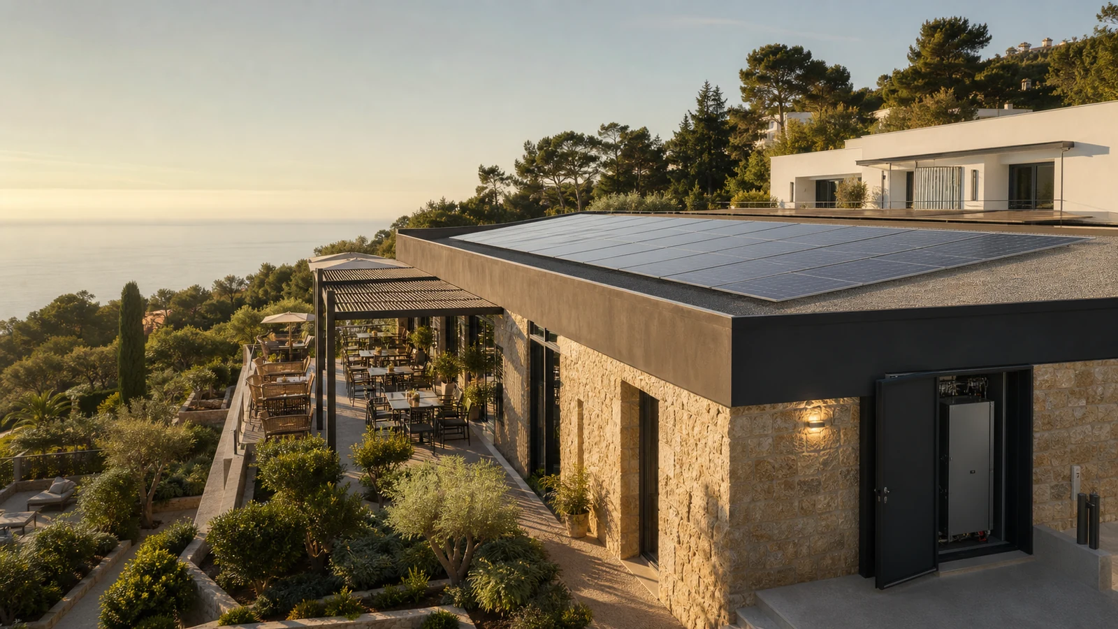 Alojamiento contemporáneo con fotovoltaica integrada en la cubierta