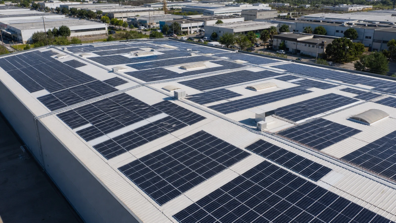 Gran instalación fotovoltaica distribuida sobre una cubierta industrial