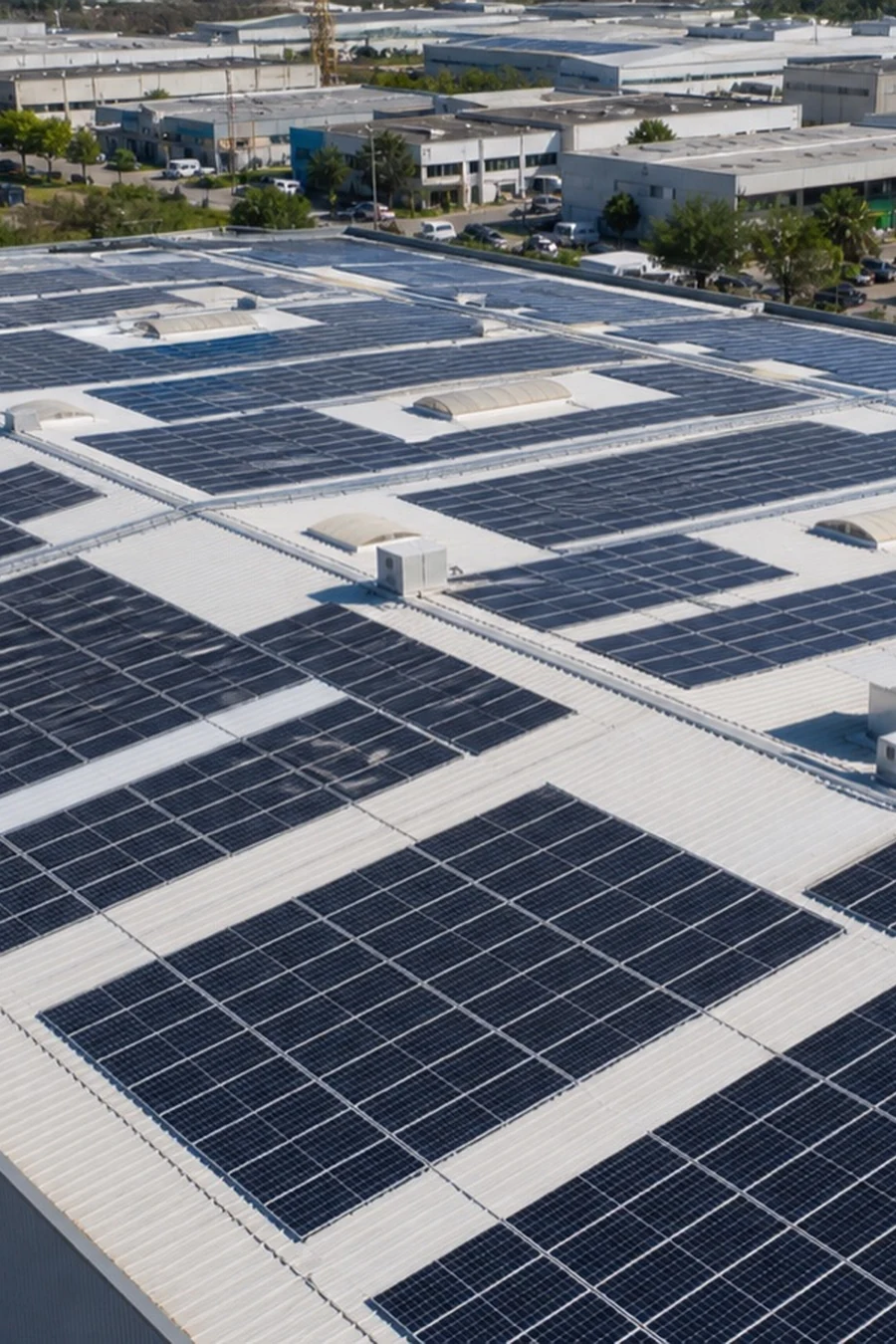 Detalle vertical de módulos fotovoltaicos alineados sobre una cubierta industrial