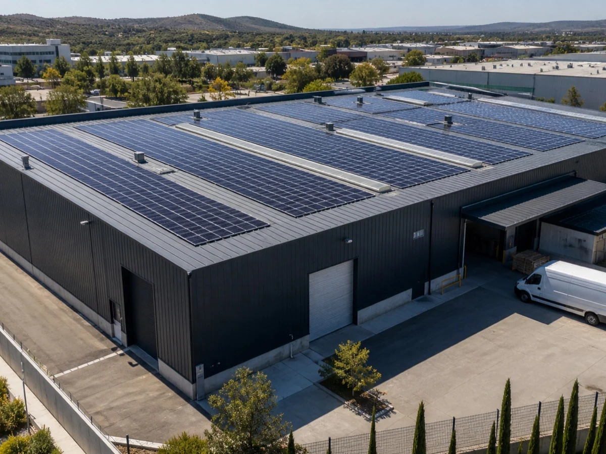 Nave industrial contemporánea con generación fotovoltaica en cubierta