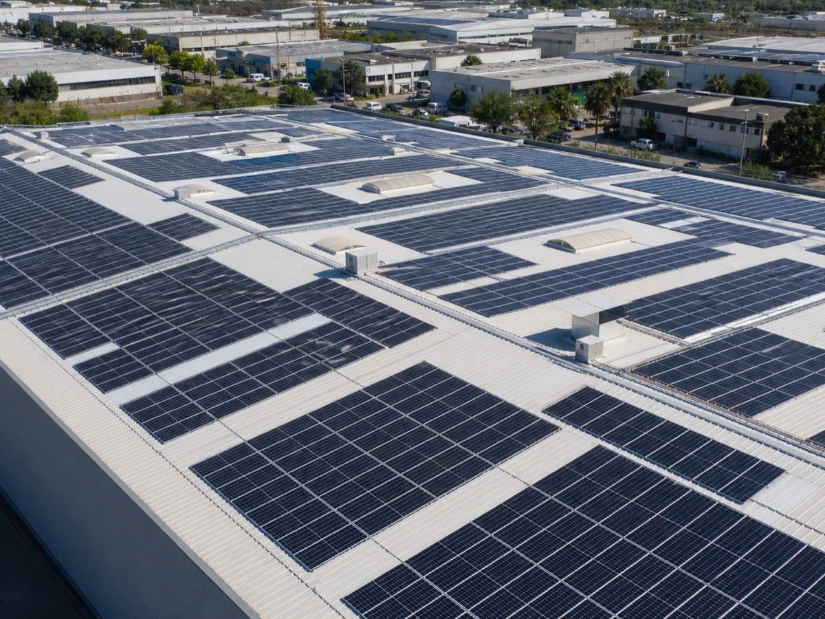 Instalación fotovoltaica de gran formato sobre una cubierta industrial moderna